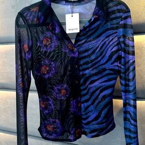 Desigual NWT women’s Tulle Floral Zebra Shirt In Black medium